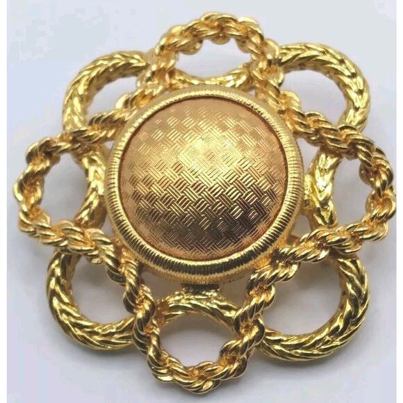 Monet Brooch Vintage Open Textured Goldtone Metal Work Round Dome Center 1980s - Picture 1 of 8
